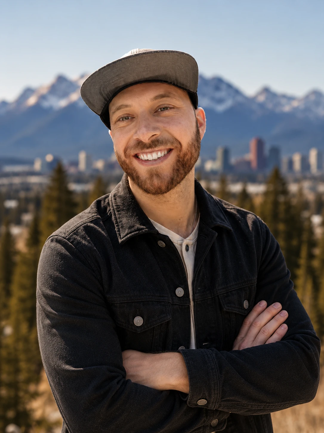 Adrian Soth, owner-operator of Diamond Bright Inc., standing outdoors with the Calgary skyline and the Rocky Mountains behind him