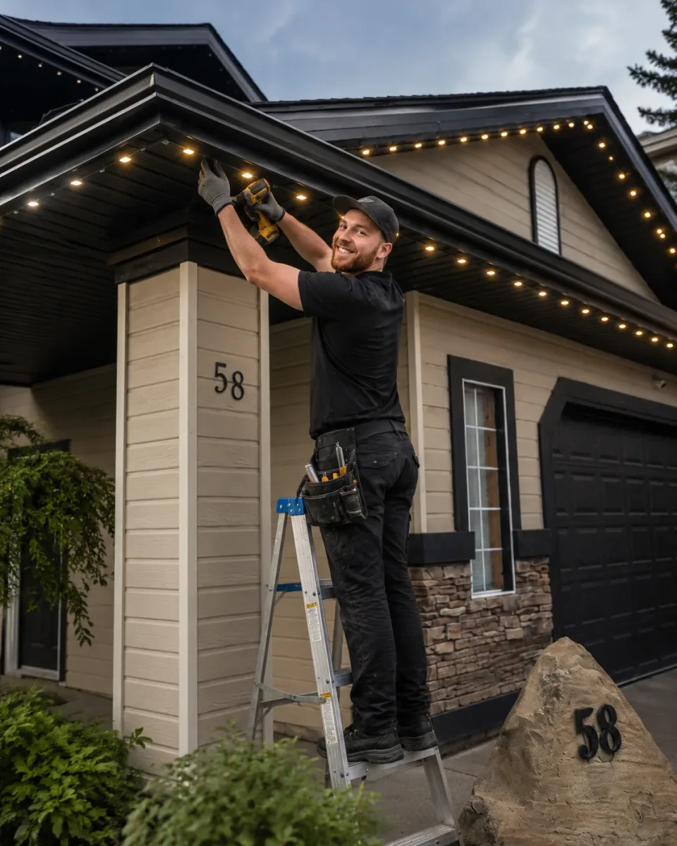 Installer fitting roofline lighting on a home