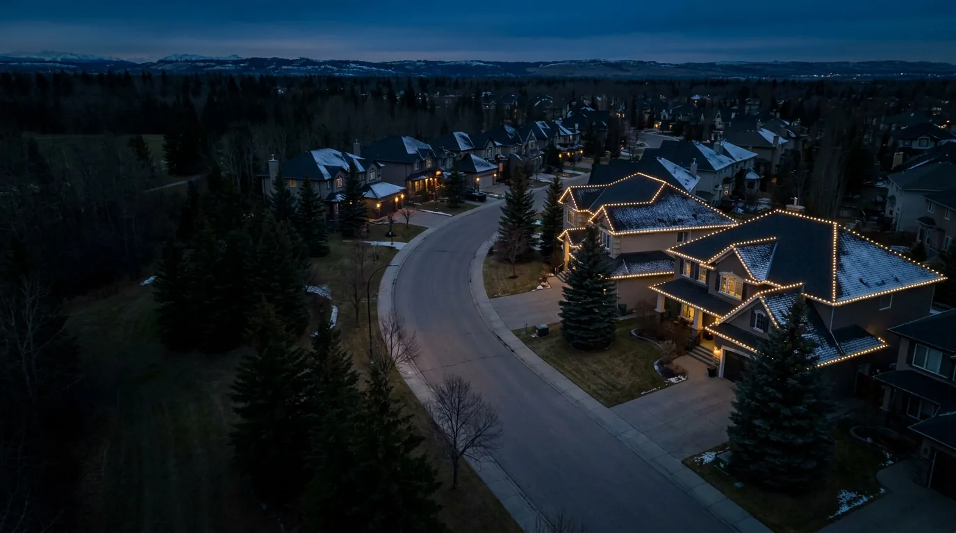 Aerial view of a Calgary-area neighbourhood at dusk, where two homes have their rooflines traced with warm-white permanent LED lighting