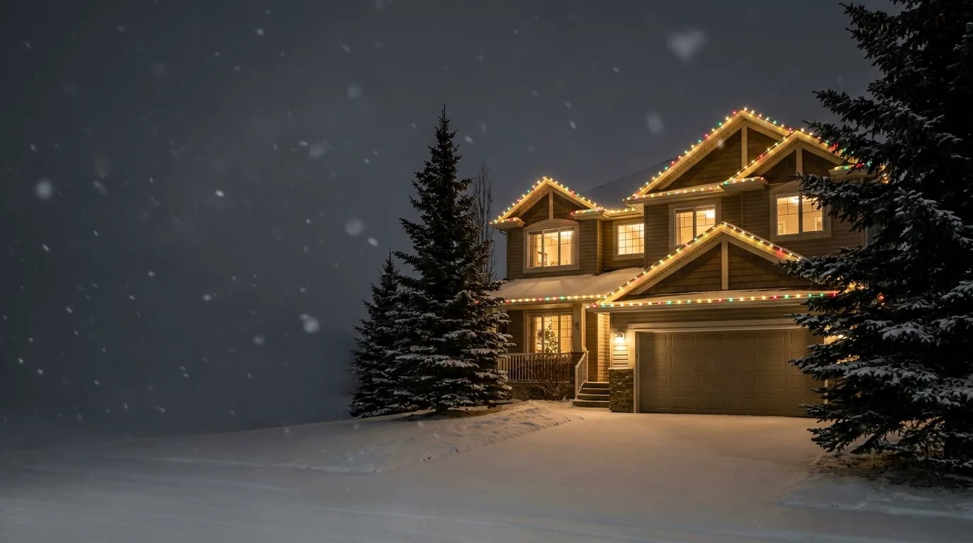 A Calgary-style two-storey home on a snowy winter night, rooflines outlined with warm-white Christmas lights
