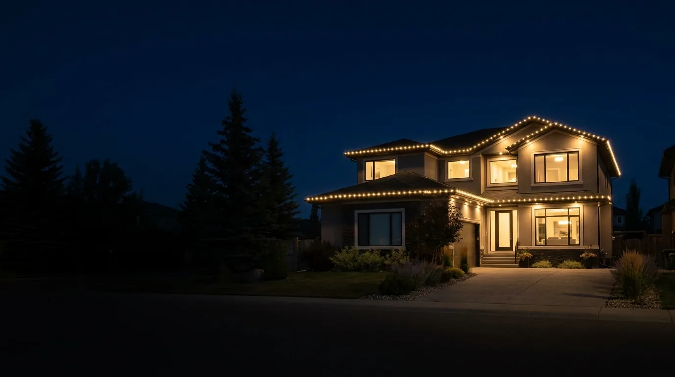 A Calgary-style two-storey home at dusk, roofline and peaks traced with warm-white permanent LED lights