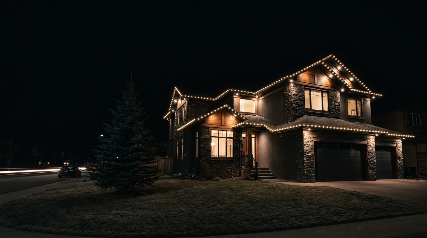 A Calgary-style home at night with individual warm-white LED trim lights outlining the eaves, peaks and soffit