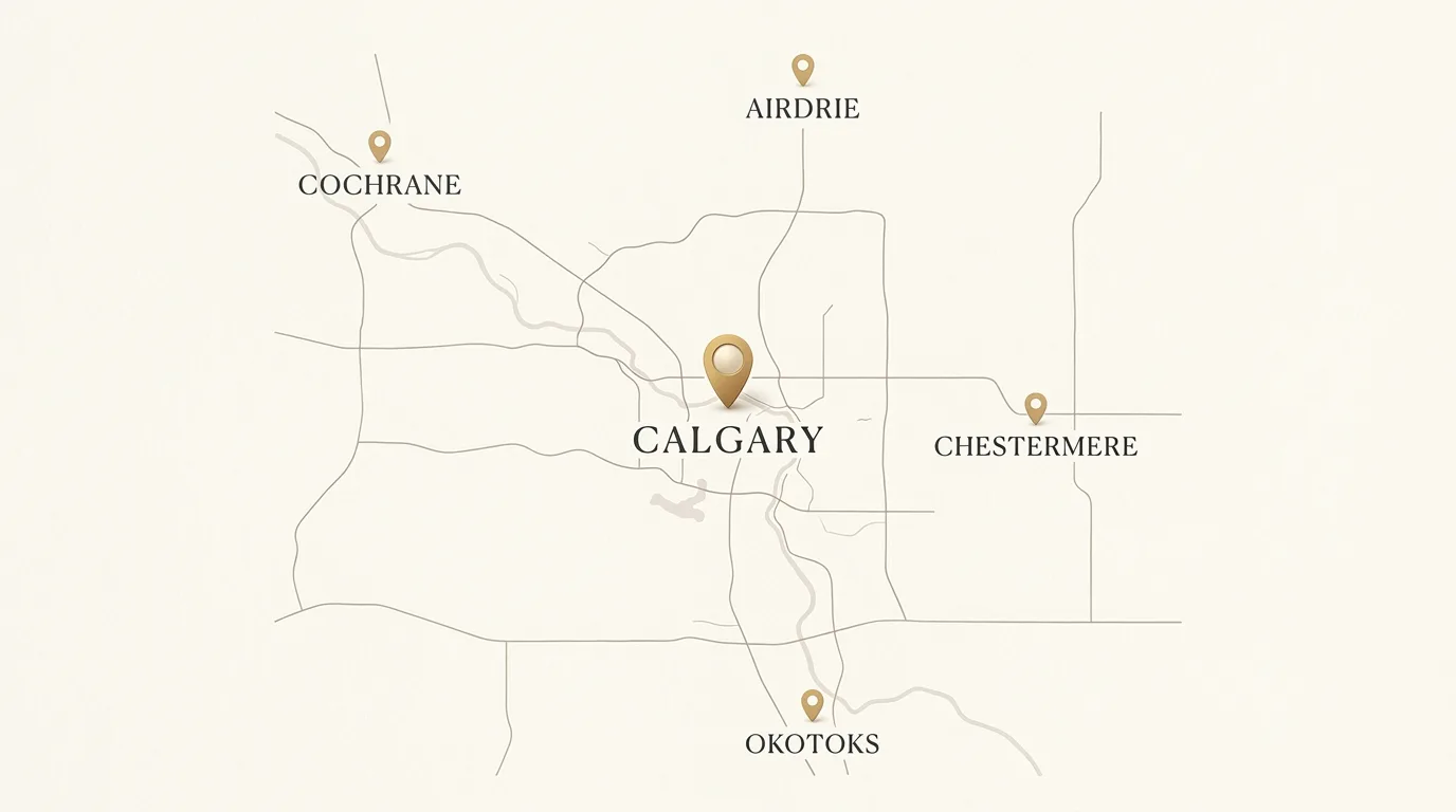 Illustrated map of Calgary and area with gold pins marking Airdrie, Cochrane, Chestermere, and Okotoks