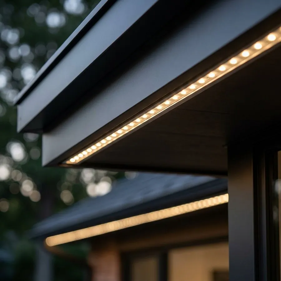 Close-up of roofline trim lighting at dusk — individual warm-white LEDs in a channel colour-matched to the soffit