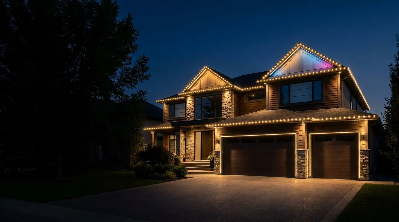 Calgary-style home at dusk, LED trim glowing warm white along the roofline and gable peaks