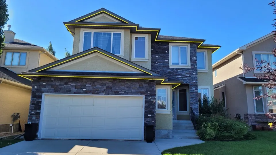 Daytime photo of a two-storey Calgary home with its full roofline traced in yellow, marking the run to be measured for a quote